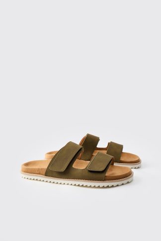 Mens Green Faux Suede Double Strap Skater Sole Sandal, Green