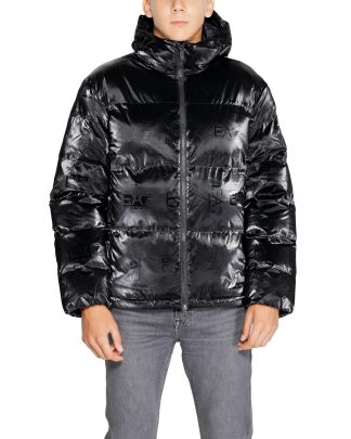 Mens Hooded Puffer Jacket AllOver Logo Print - Black, Black