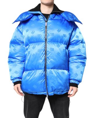 Mens Puffer Jacket AllOver Logo Print - Blue, Blue