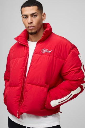 Mens Red Boxy Funnel Neck Skeleton Puffer Jacket, Red