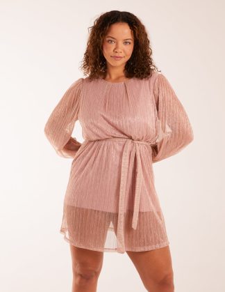 Metallic Plisse Belted Dress - ONE / Champagne