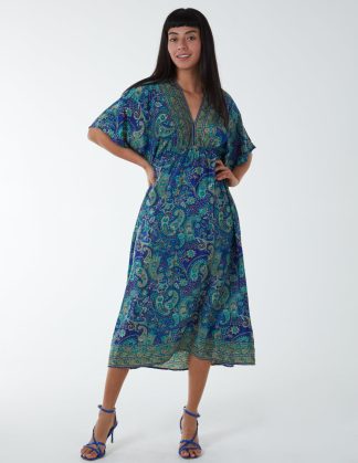 Paisley Kimono Sleeve Midi Dress - S / NAVY