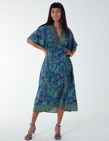 Paisley Kimono Sleeve Midi Dress - S / NAVY