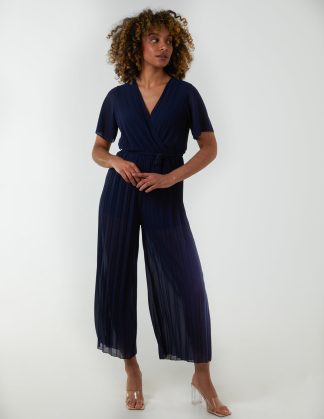Pleated Wrap Over Jumpsuit - M / NAVY