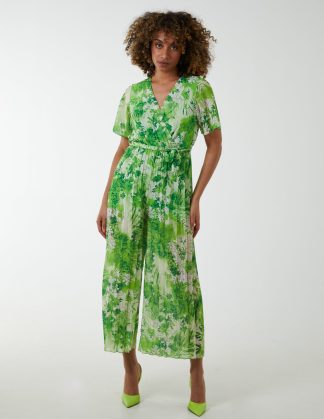 Pleated Wrap Tropical Jumpsuit - S / LIME