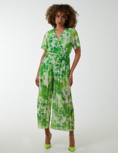 Pleated Wrap Tropical Jumpsuit - S / LIME