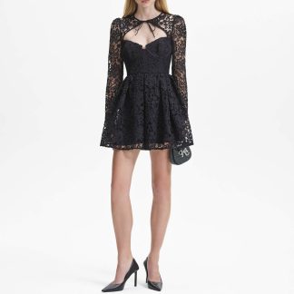 Self-Portrait Black Guipure Lace Tie-Neck Mini Dress - US 4/UK 8