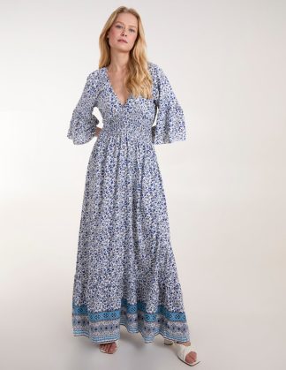 Shirred Waist Elasticated Neckline Maxi Dress - M / BLUE