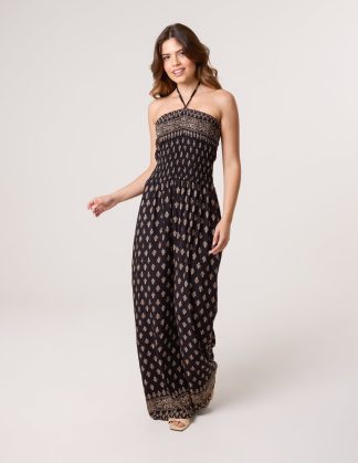 Shirred Wide Leg Border Print Jumpsuit - M/L / BLACK