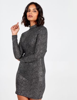 Tie Back High Neck Bodycon Dress - 10 / BLACK