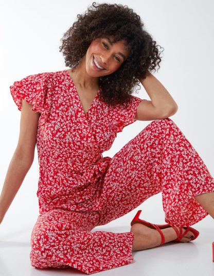 Wrap Front Frill Sleeve Jumpsuit - 10 / RED