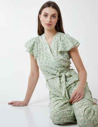 Wrap Front Frill Sleeve Jumpsuit - 16 / Mint