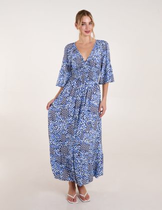 Abstract Elasticated Neck Shirred Waist Maxi Dress - S/M / BLUE