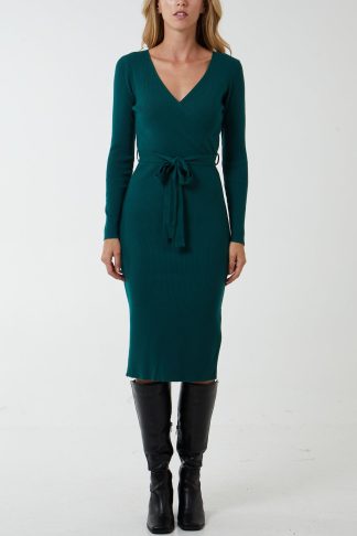 Cross Over Ribbed Dress - S/M / BOTTLE GREEN