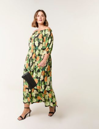 Curve Bardot Elasticated Midi Dress - 18-20 / BLACK