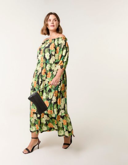 Curve Bardot Elasticated Midi Dress - 18-20 / BLACK
