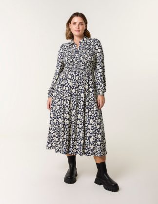 Curve Ditsy Floral Shirred Midi Shirt Dress - 18/20 / NAVY