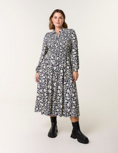 Curve Ditsy Floral Shirred Midi Shirt Dress - 18/20 / NAVY