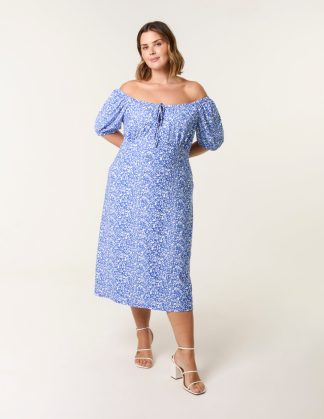 Curve Ditsy Print Milkmaid Stretch Crepe Midi Dress - 18-20 / BRIGHT BLUE