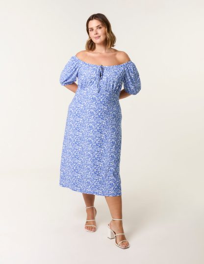 Curve Ditsy Print Milkmaid Stretch Crepe Midi Dress - 18-20 / BRIGHT BLUE