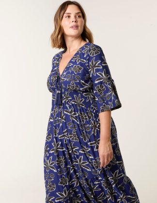 Curve Elasticated V Neck Tassel Tie Midi Dress - 22-24 / BLUE