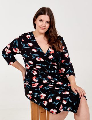 Curve Floral Wrap Side Buckle Dress - 26/28 / BLACK