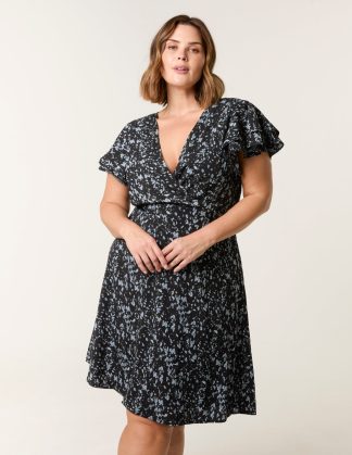 Curve Frill Sleeve Mini Dress - 18 / BLACK PATTERN