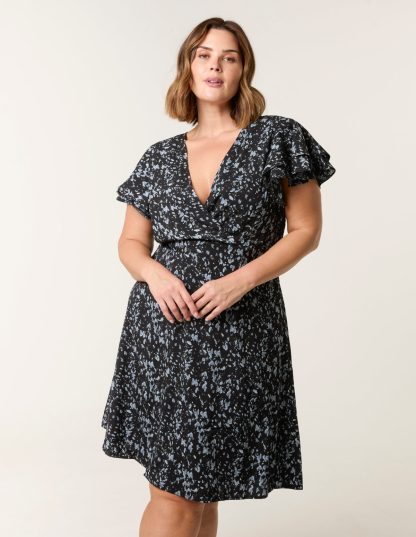 Curve Frill Sleeve Mini Dress - 18 / BLACK PATTERN