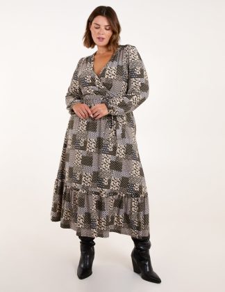 Curve Geometric Wrap Front Belted Midi Dress - 22/24 / KHAKI