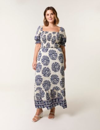Curve Shirred Floral Maxi Dress - 18/20 / NAVY