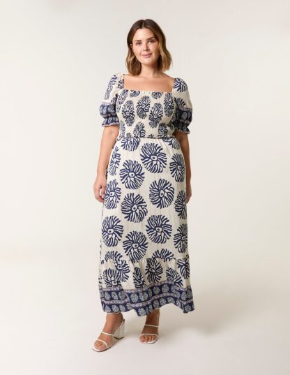 Curve Shirred Floral Maxi Dress - 18/20 / NAVY