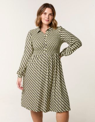 Curve Shirred Geometric Mini Shirt Dress - 18/20 / GREEN