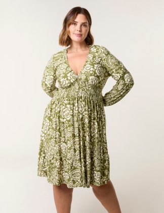 Curve Shirred Neck Elastic Mini Dress - 18/20 / KHAKI