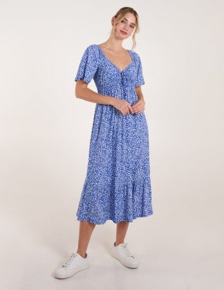 Ditsy Floral Tie Front Shirred Waist Midi Dress - S/M / BLUE
