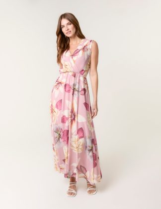 Double V Pleated Occasion Dress - S/M / PINK