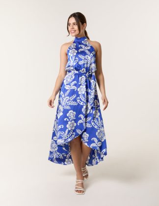 Halter Neck Frill Hem Dress - S/M / BRIGHT BLUE