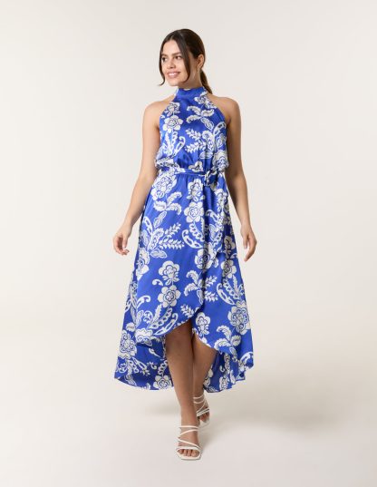 Halter Neck Frill Hem Dress - S/M / BRIGHT BLUE