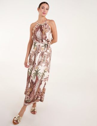 Halter Neck Satin Belted Dress - L / BROWN