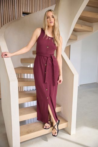 Lts Tall Burgundy Red Ribbed Button Through Maxi Dress 8 Lts | Tall Women's Maxi Dresses