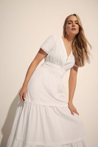 Lts Tall White Lace Insert Tiered Maxi Dress 24 Lts | Tall Women's Maxi Dresses