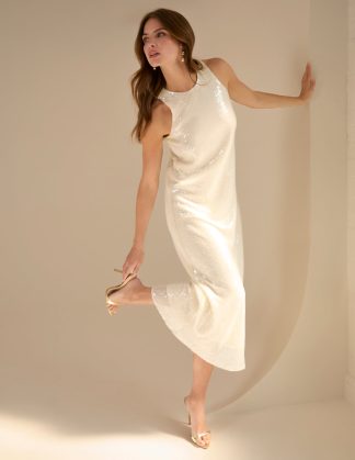 Luxe Sequin Bias Cut Midi Dress - 8 / IVORY