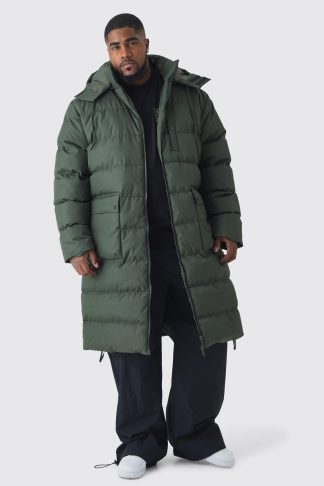 Mens Green Plus Longline Hooded Puffer Jacket In Khaki, Green