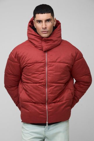 Mens Orange Tall Extended Funnel Neck Hooded Puffer Jacket In Rust, Orange