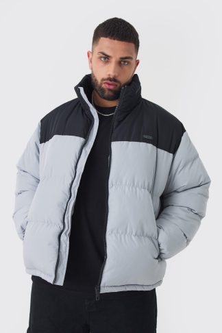 Mens Plus Colour Block Concealed Hood Puffer Jacket In Grey, Grey