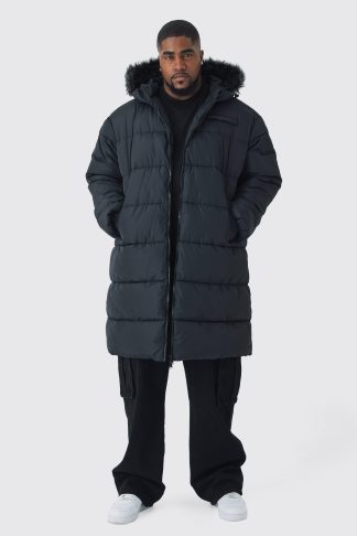 Mens Plus Longline Faux Fur Regular Fit Hooded Puffer Jacket In Black, Black