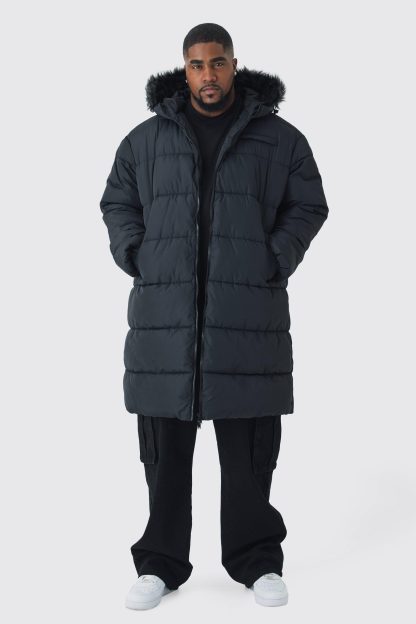 Mens Plus Longline Faux Fur Regular Fit Hooded Puffer Jacket In Black, Black
