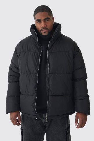 Mens Plus Worldwide Applique Funnel Neck Puffer Jacket In Black, Black