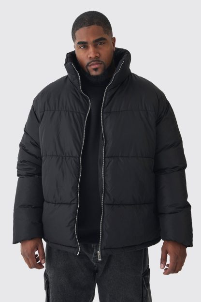 Mens Plus Worldwide Applique Funnel Neck Puffer Jacket In Black, Black
