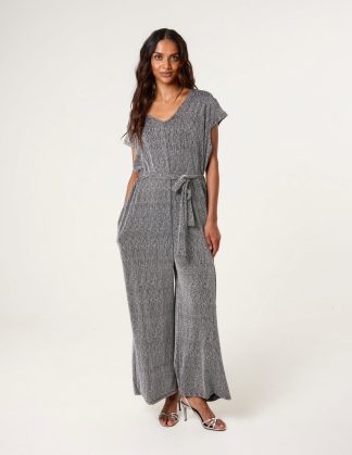Metallic V Neck Jumpsuit - ONE / BLACK/SILVER