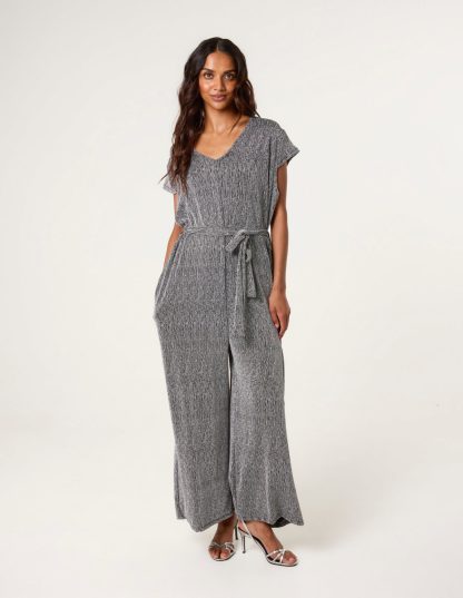 Metallic V Neck Jumpsuit - ONE / BLACK/SILVER